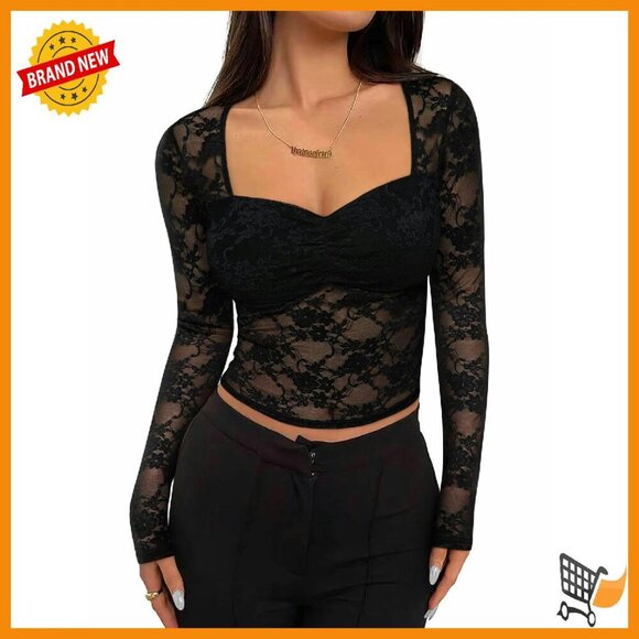 Tops - Sheer Mesh Long Sleeve Blouse Floral Lace Fitted See Through Top